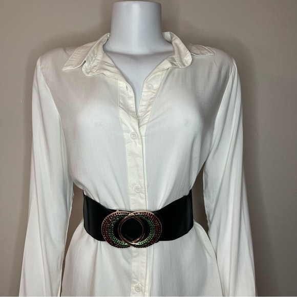 Black PU leather double circle buckle with rhinestones elastic waistband belt - Picture 3 of 11